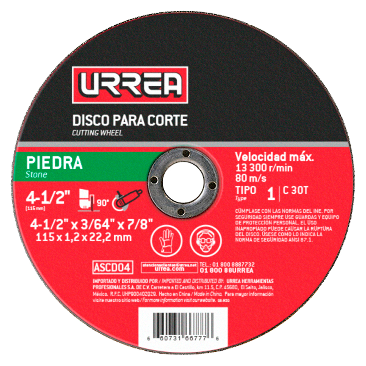 Disco abrasivo tipo 1 para piedra 4-1/2″ x 3/64″ Urrea ASCD04
