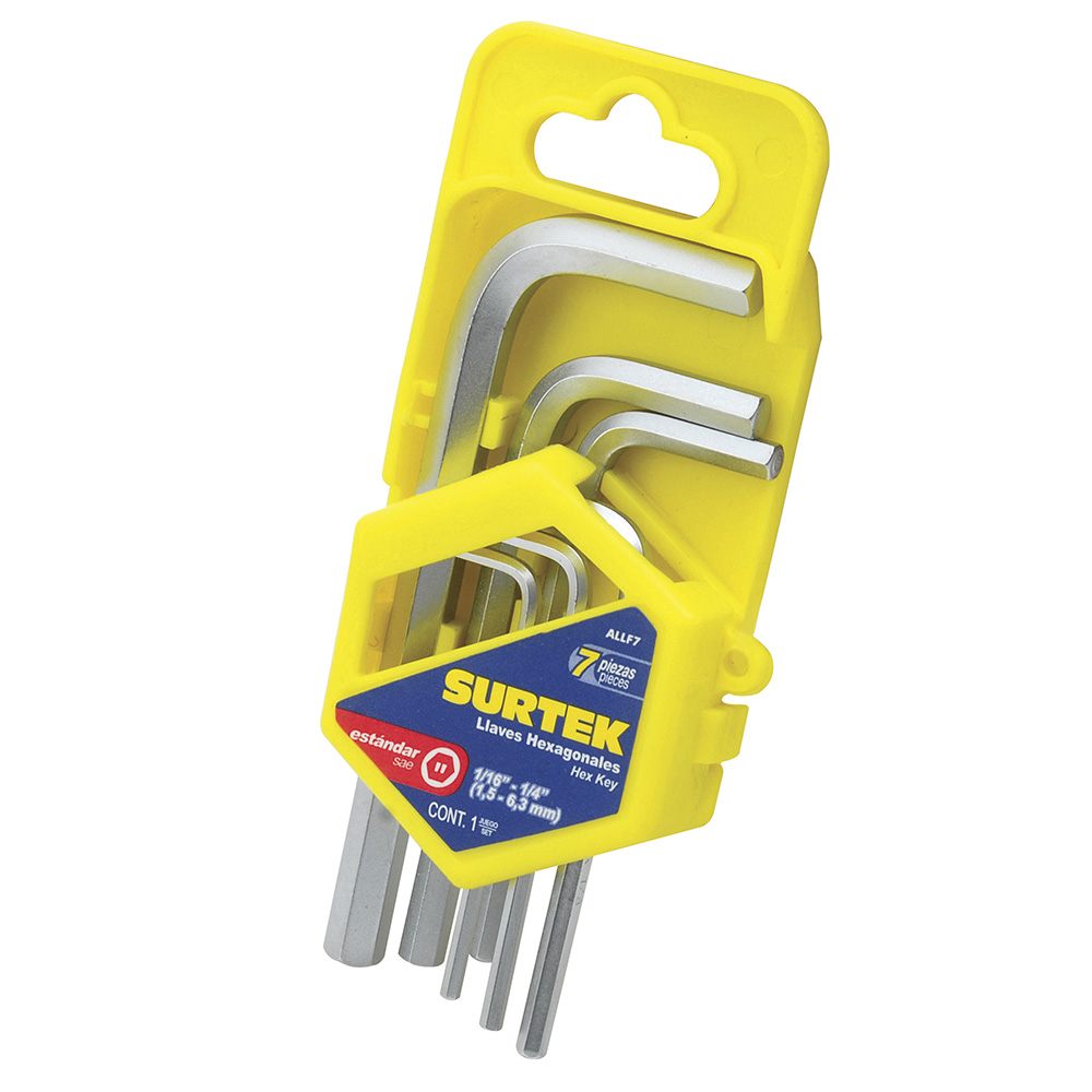 ALLF7 Hex Key Allen Wrench set, 7 L-shaped imperial pieces on rack Surtek