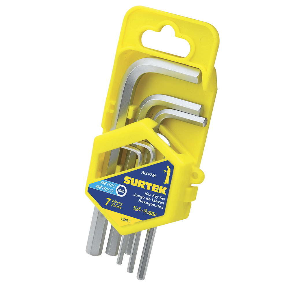 ALLF7M Hex Key Allen Wrench set, 7 L-shaped metric pieces on rack Surtek