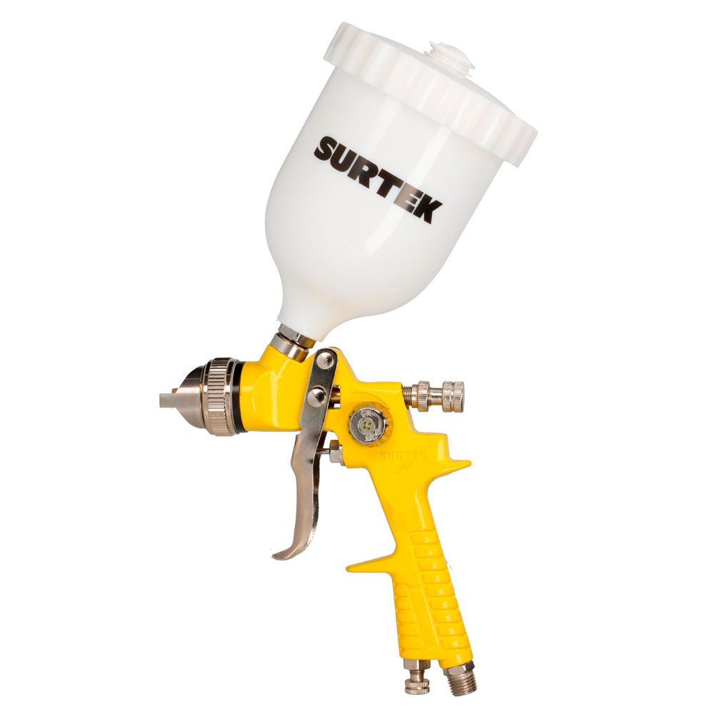 PPG1 Gravity feed paint gun with plastic cup and 50 psi working pressure, 600 ml cup capacity, 1/4 "NPT air inlet. Air consumption 7.5 sfcm, internal hose diameter: 3/8" Surtek