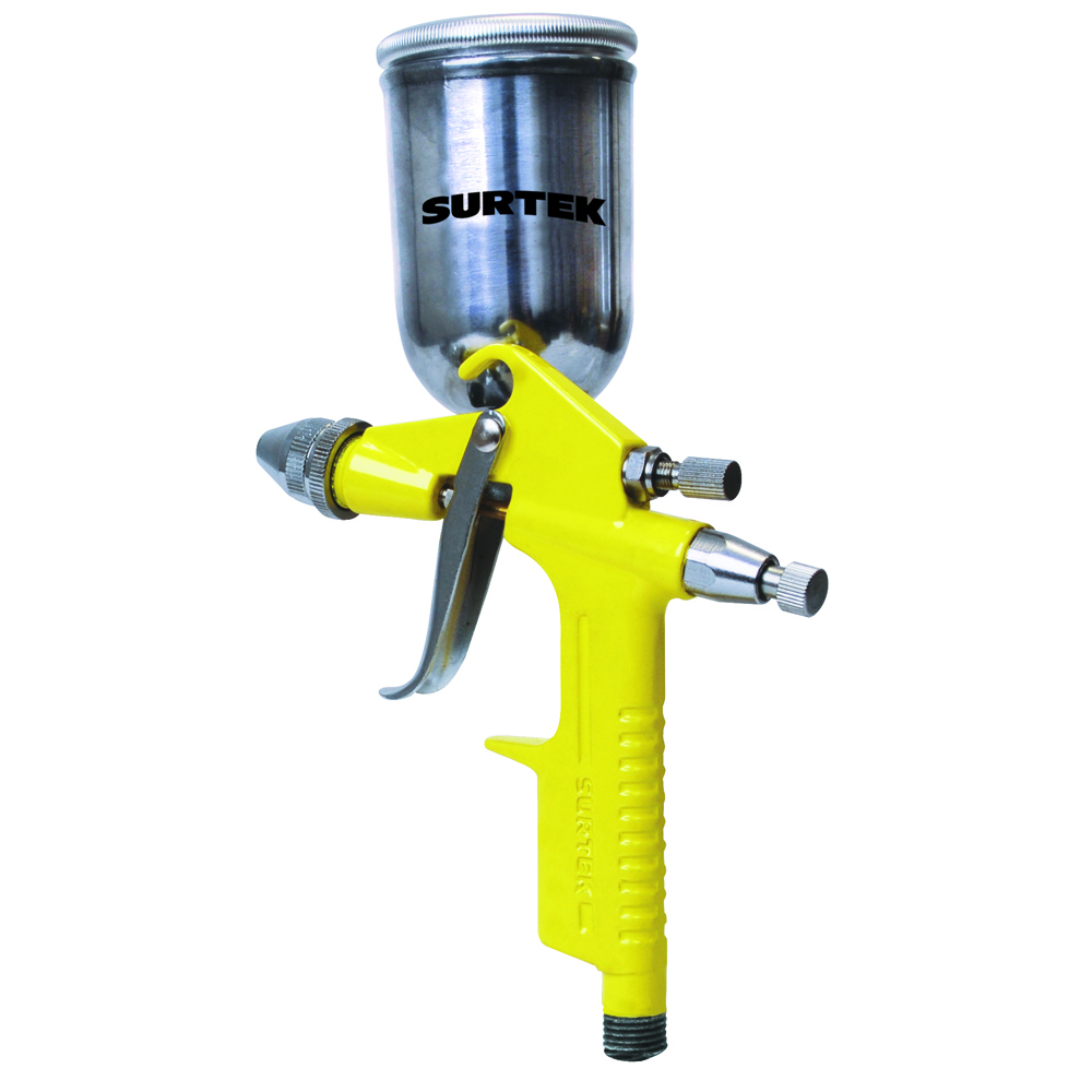 PPG4 Mini gravity feed paint gun for touch-ups with 50 psi working pressure, 150 ml cup capacity, 1/4" NPT air inlet. 7 scfm air consumption, 3/8" inner hose diameter Surtek