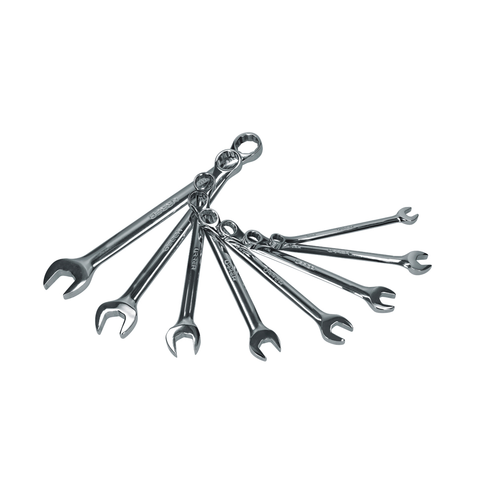 1200J Sae Full Polish Combination Wrench Set, 8 Piece With Rack