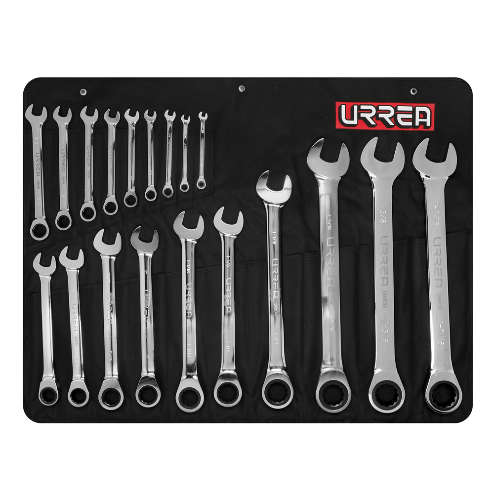 1202CM Sae Full Polish 12 Points Combination Ratchet Wrench Set, 19 Piece